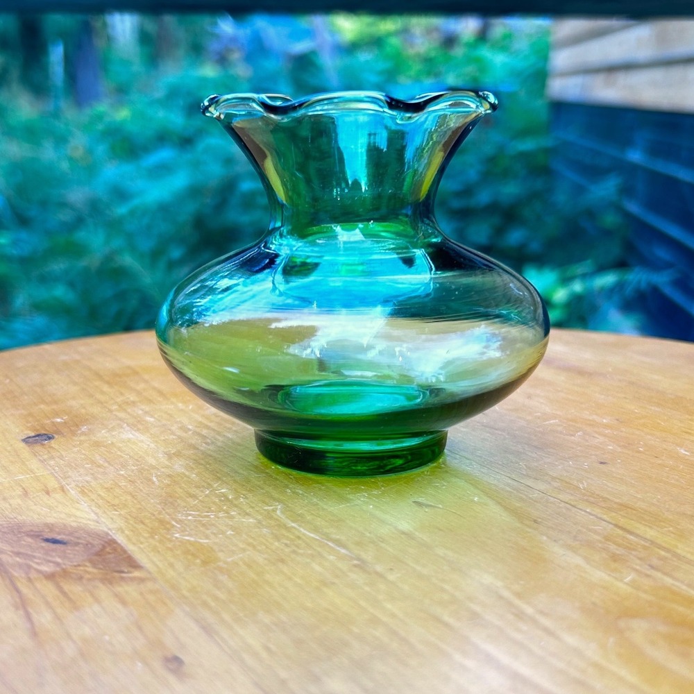 Vintage Green Glass Bud Vase Small Emerald Ruffled Rim Fluted Blown Art MCM